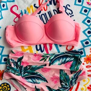 NWOT Pink Bikini Set with Tropical Leaf Print